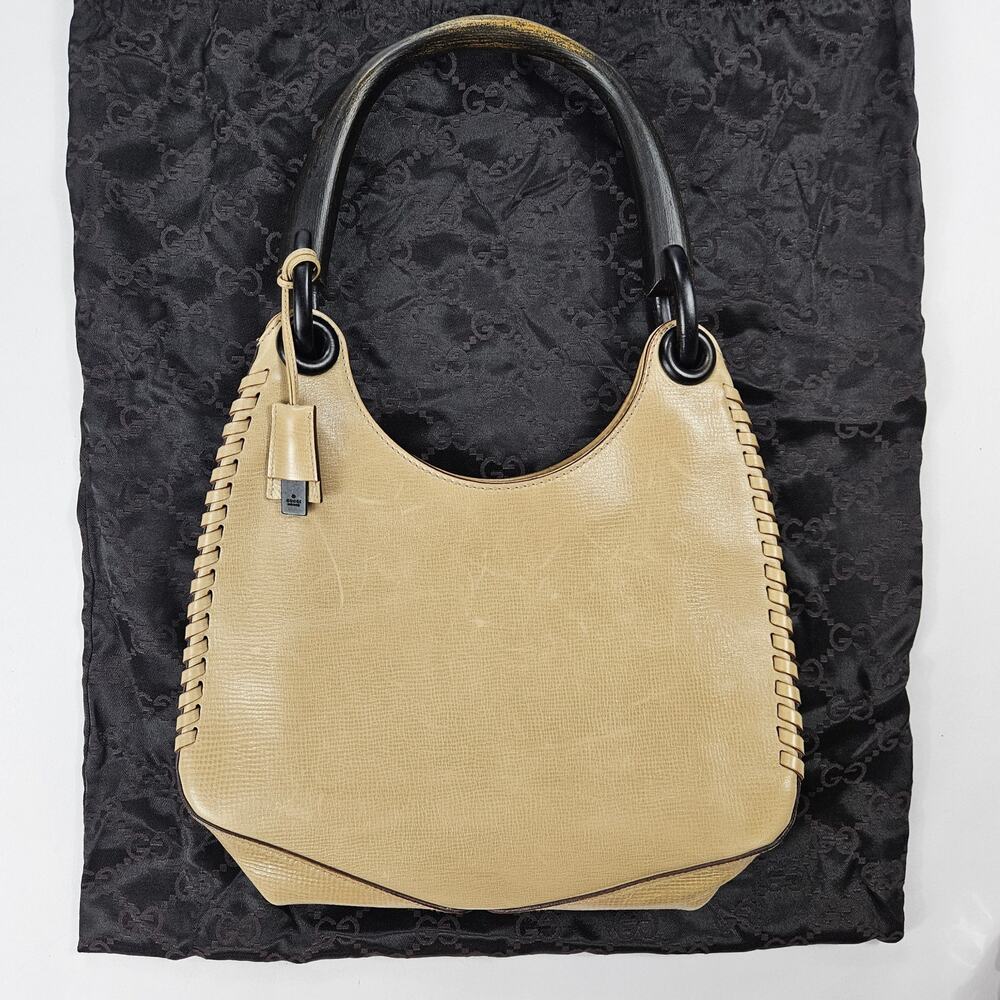 Y2k Gucci Bag Whipstitch Wood Handle Purse Beige Leather - Picture 8 of 12